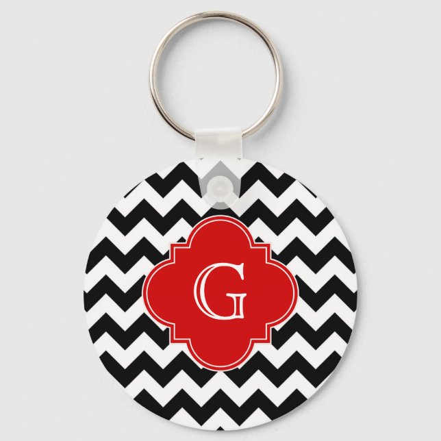 Black White Chevron Red Quatrefoil Monogram Keychain (Front)