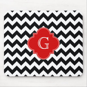Black White Chevron Red Quatrefoil Monogram Mouse Pad