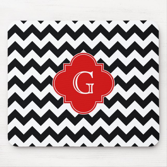 Black White Chevron Red Quatrefoil Monogram Mouse Pad (Front)
