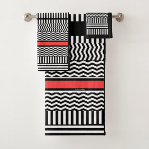 BLACK WHITE CHEVRON STRIPES + RED BAND BATH TOWEL SET