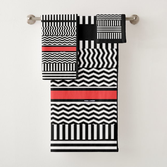 BLACK WHITE CHEVRON STRIPES + RED BAND BATH TOWEL SET (Insitu)