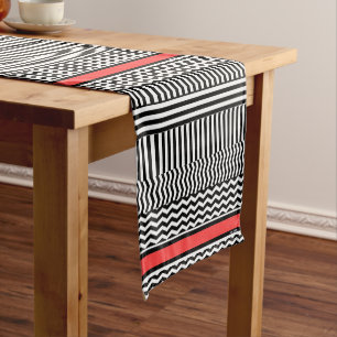 BLACK WHITE CHEVRON STRIPES + RED BAND SHORT TABLE RUNNER