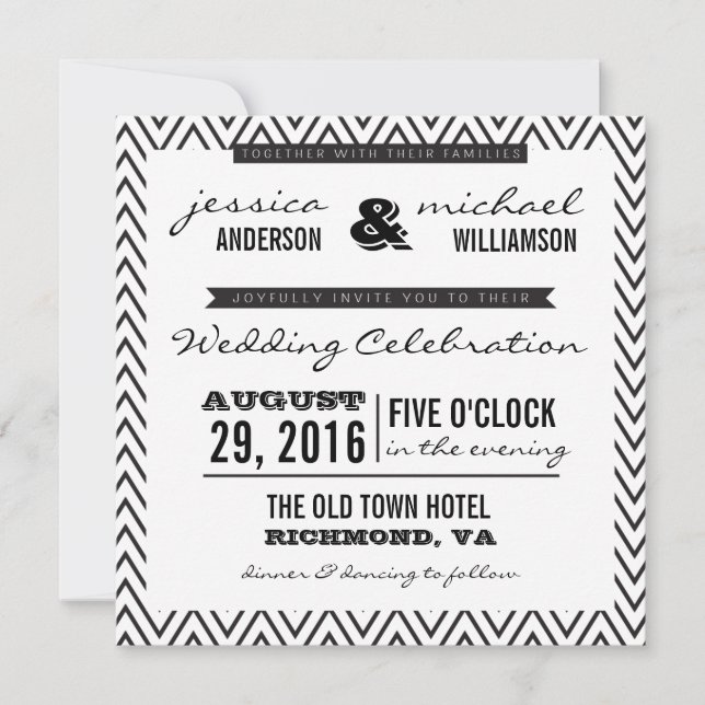 Black & White Chevron Typography Wedding Invite (Front)