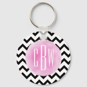 Black + White Chevron Watercolor Monogram Keychain