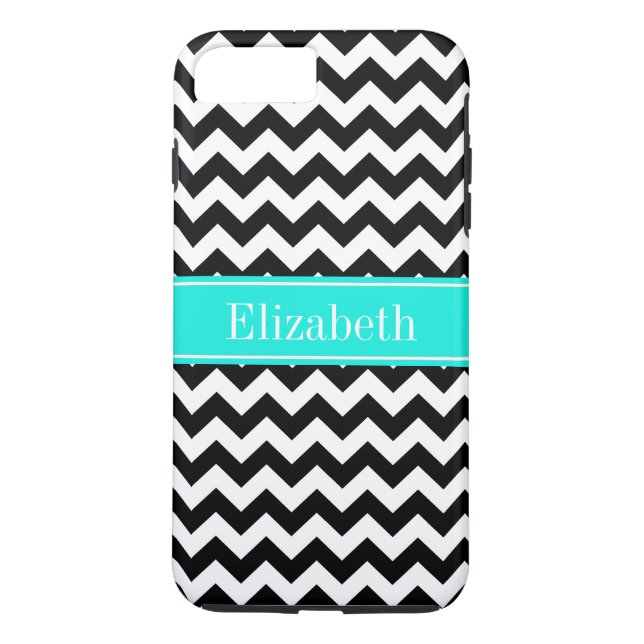 Black White Chevron Zig Zag Brt Aqua Name Monogram Case-Mate iPhone Case (Back)