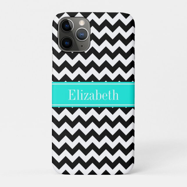 Black White Chevron Zig Zag Brt Aqua Name Monogram Case-Mate iPhone Case (Back)