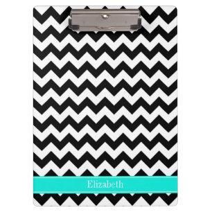 Black White Chevron Zig Zag Brt Aqua Name Monogram Clipboard