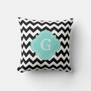 Black White Chevron Zig-Zag Turquoise Monogram Throw Pillow