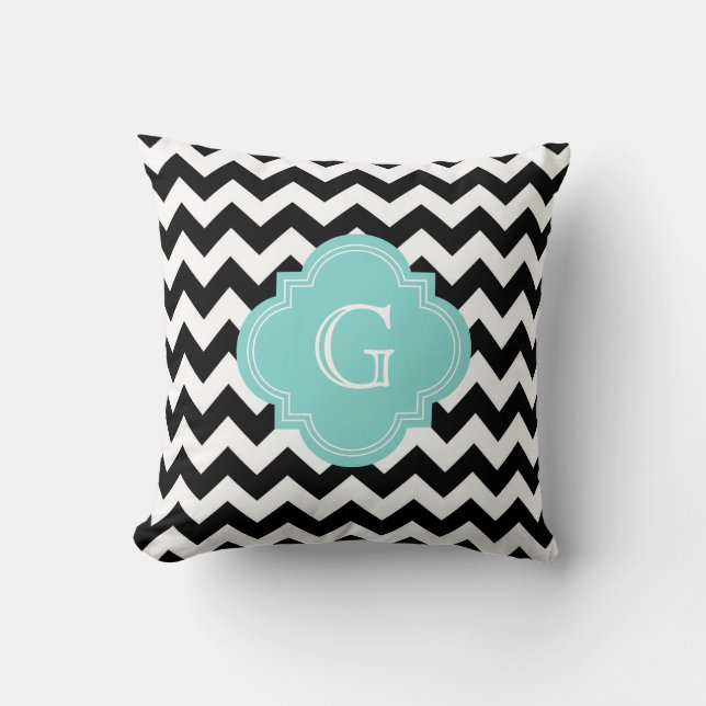 Black White Chevron Zig-Zag Turquoise Monogram Throw Pillow (Front)