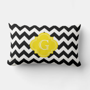 Black White Chevron Zig-Zag Yellow Monogram Lumbar Pillow