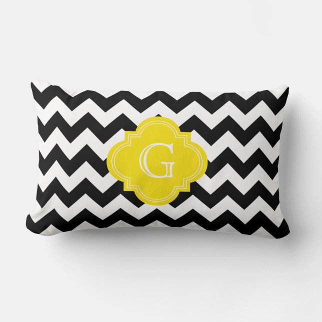 Black White Chevron Zig-Zag Yellow Monogram Lumbar Pillow (Front)