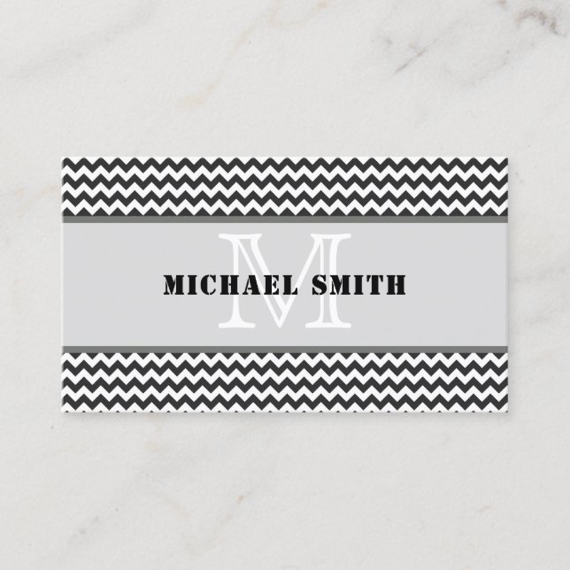 Black White Chevron Zigzag Monogram Business Card (Front)