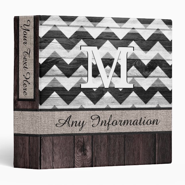 Black & White Chevron Zigzag Pattern Wood Look Binder (Front/Spine)
