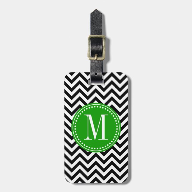 Black & White Chevron Zigzag Personalized Monogram Luggage Tag (Front Vertical)