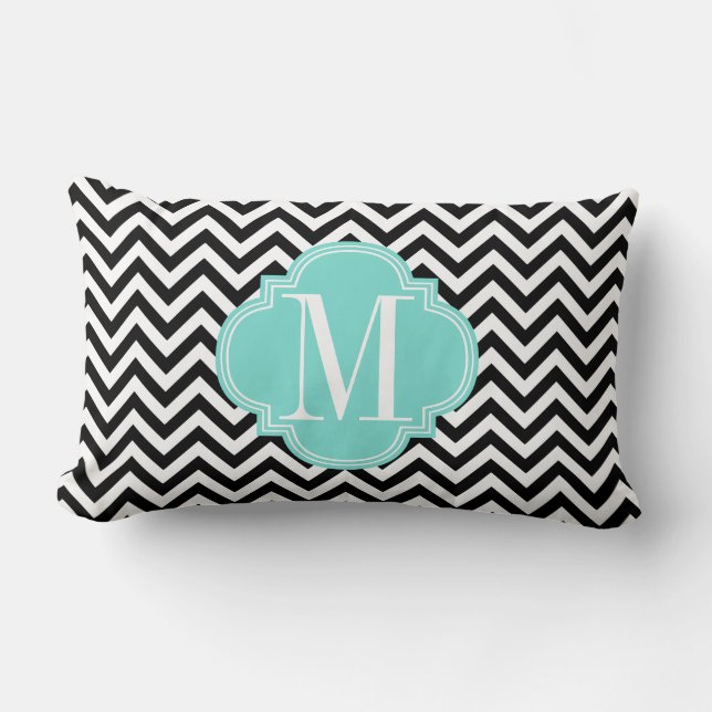 Black & White Chevron Zigzag Personalized Monogram Lumbar Pillow (Front)
