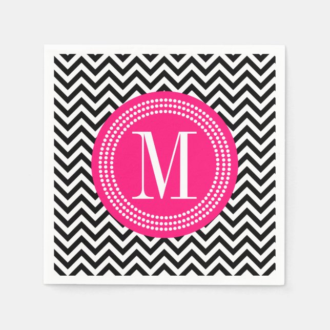 Black & White Chevron Zigzag Personalized Monogram Napkin (Front)