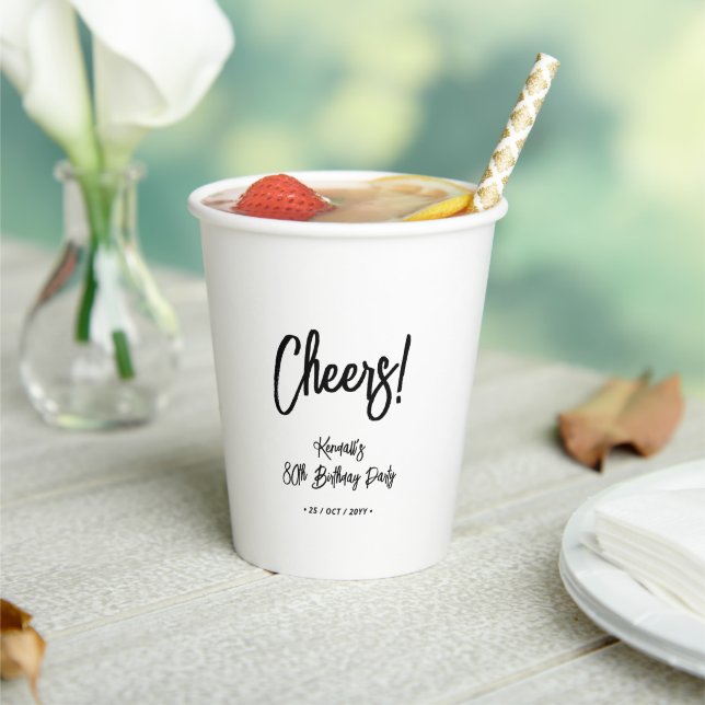 Black & White | Chic Cheers 80th Birthday Party Paper Cups (Insitu)