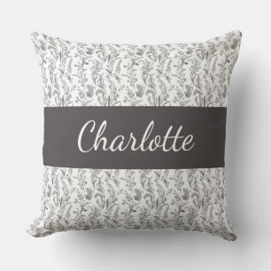 Black White Chic Toile Floral Custom Name Throw Pillow