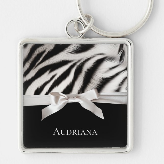 Black White Chic Zebra Print Bow Keychain (Front)