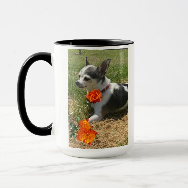 Black White Chihuahua with Orange Roses Inspiring  Mug (Left)