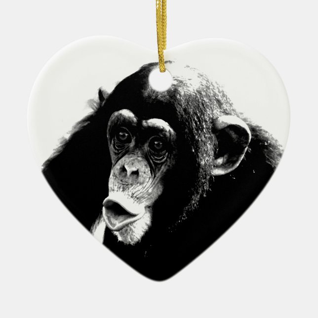 Black White Chimpanzee Ceramic Ornament (Front)