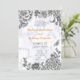 Black White Chinoiserie Floral, Marble Wedding Invitation