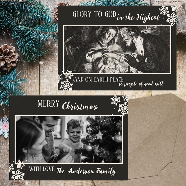 Black & White Christian Family Photo Christmas Holiday Card (Black & White Vintage Modern Classic Religious Christian Catholic Christmas Photo Holiday Card)