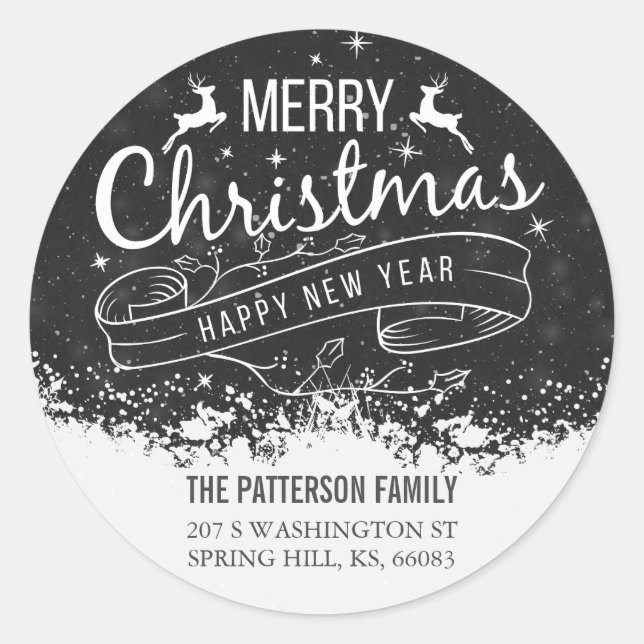 Black White Christmas and New Year Script Address Classic Round Sticker (Front)