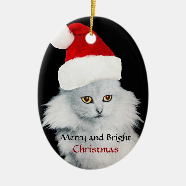 BLACK WHITE CHRISTMAS CAT WITH SANTA CLAUS HAT CERAMIC ORNAMENT (Front)