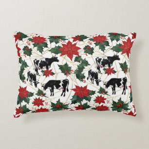 Black & White Christmas Holstein Dairy Cows Floral Accent Pillow