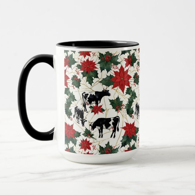 Black & White Christmas Holstein Dairy Cows Floral Mug (Left)