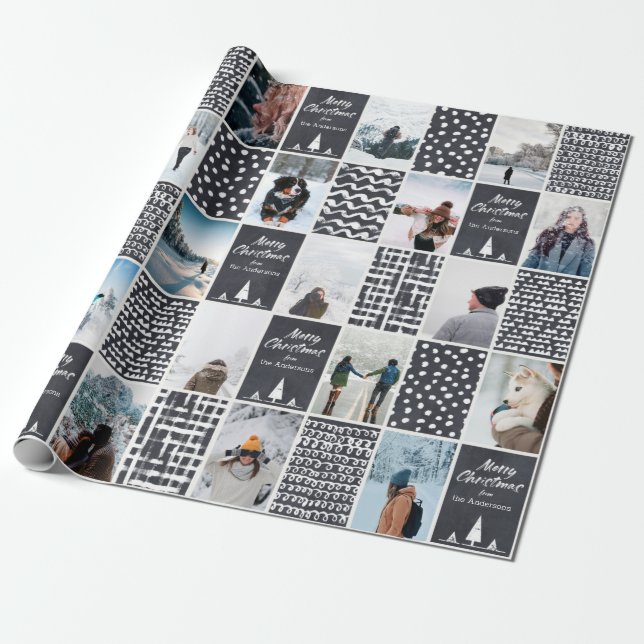 Black White Christmas Personalize Collage Photo Wrapping Paper (Unrolled)