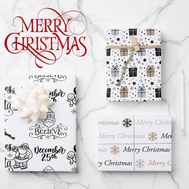  Black White Christmas Santa Claus 3 Coordinating  Wrapping Paper Sheet (Creator Uploaded)