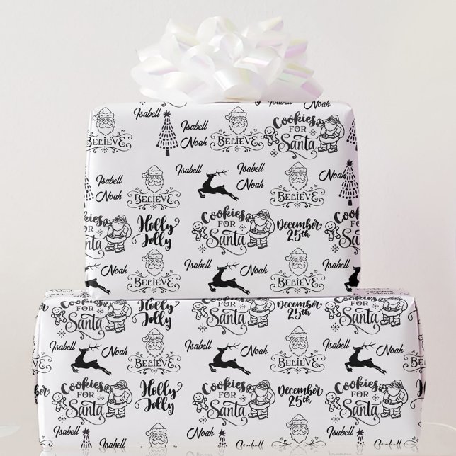  Black White Christmas Santa Personalize Names Wrapping Paper (Creator Uploaded)