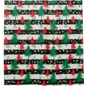 Black White Christmas Snow Stripes Red Green Trees