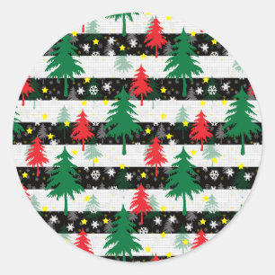 Black White Christmas Snow Stripes Red Green Trees Classic Round Sticker