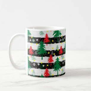 Black White Christmas Snow Stripes Red Green Trees Coffee Mug