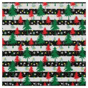Black White Christmas Snow Stripes Red Green Trees Fabric