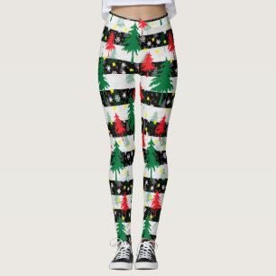 Black White Christmas Snow Stripes Red Green Trees Leggings