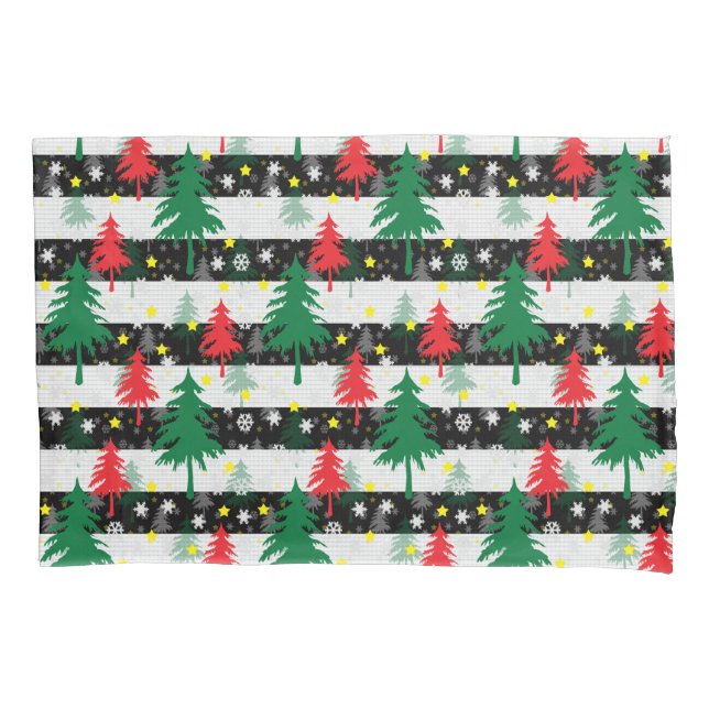 Black White Christmas Snow Stripes Red Green Trees Pillowcase (Front)