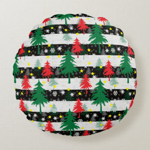 Black White Christmas Snow Stripes Red Green Trees Round Pillow