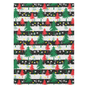 Black White Christmas Snow Stripes Red Green Trees Tablecloth