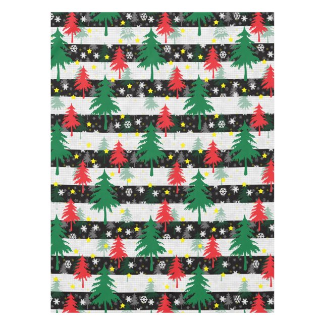 Black White Christmas Snow Stripes Red Green Trees Tablecloth (Front)