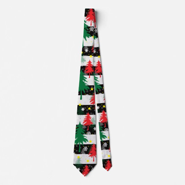 Black White Christmas Snow Stripes Red Green Trees Tie (Front)