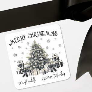 Black White Christmas Tree Gift Tag Sticker