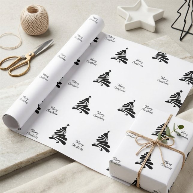 Black White Christmas Tree Gift Wrapping Paper (Creator Uploaded)