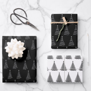 Black White Christmas Tree Pattern Elegant Simple  Wrapping Paper Sheet