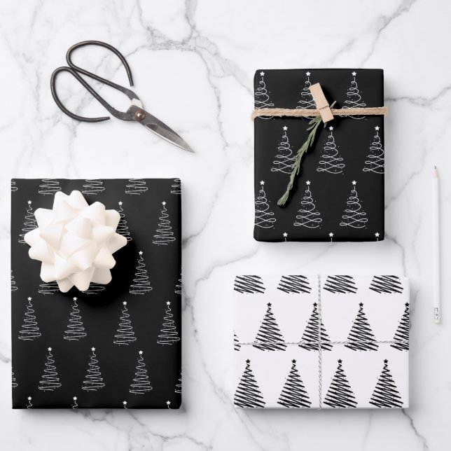 Black White Christmas Tree Pattern Elegant Simple  Wrapping Paper Sheet (Front)