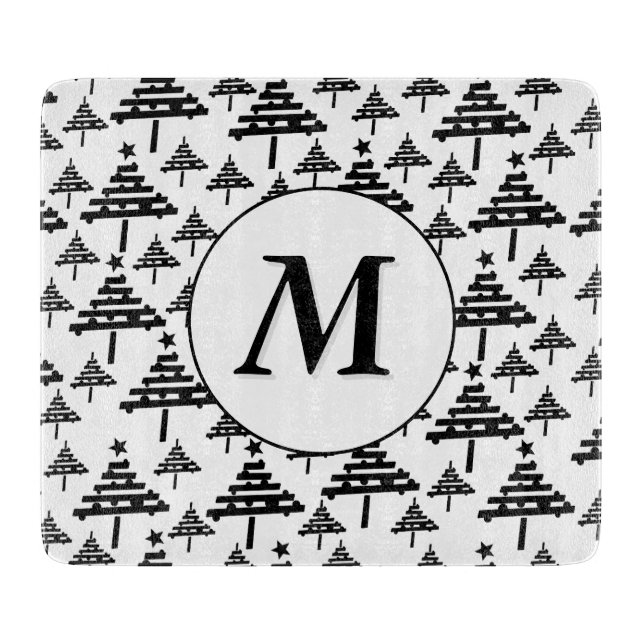 Black White Christmas Tree Pattern Monogram  Cutting Board (Front)