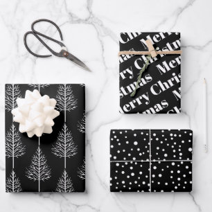 Black, white Christmas, trees, polka dots holiday Wrapping Paper Sheet